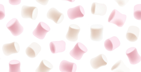 Marshmallow seamless texture. Tasty white and pink marshmallows isolated on white background. Marshmallow candy seamless background.