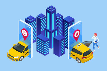 Isometric Ordering Online Taxi and Call a taxi online, mobile application concept for landing page. Street traffic, parking, city transport, GPS route point pins on smartphone and touchscreen
