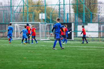 Boys in red and blue sportswear plays football on field, dribbles ball. Young soccer players with ball on green grass. Training, football, active lifestyle for kids concept