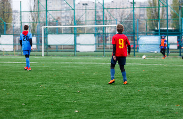 Boys in red and blue sportswear plays football on field, dribbles ball. Young soccer players with ball on green grass. Training, football, active lifestyle for kids concept