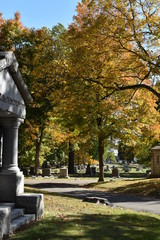 Obraz premium Sun lights up the turning fall foliage at Crown Hill Cemetery, Indianapolis, Indiana