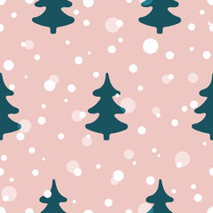 Cute christmas fir trees seamless pattern in minimalist flat cartoon style on pink background with snowflakes. Vector illustration
