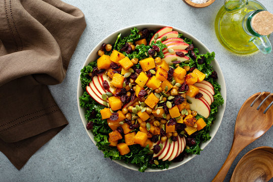 Winter or fall salad with kale, chickpeas and butternut squash