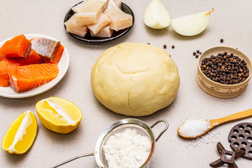Fish dumplings. Ingredients for home cooking. Fresh dough, fish, spices, cooking equipment. Stone concrete background