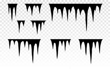 Set of snow icicles. Melting icicles. Paint dripping. Dripping liquid. Paint flows. Current paint, stains. Current inks. Stalactites outgrowths. Mineral formations. Vector illustration. 