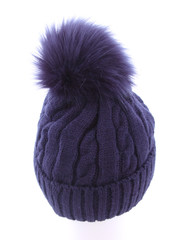 Knitted light blue hat isolated on white background.hat with blue pompon front view.