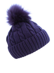 Knitted light blue hat isolated on white background.hat with blue pompon front view.