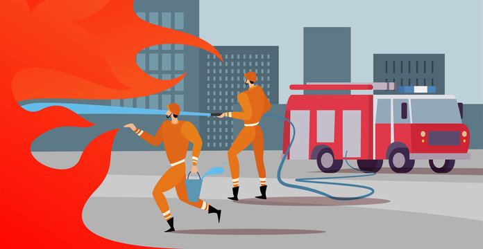 Firefighters are on the mission extinguish the blaze, with a help of fire engine save burning skyscrapers in the city streets. Firefighters service work concept.