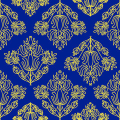 Elegant Damask Floral Vector Seamless Pattern. Decorative Flower Illustration. Abstract Art Deco Background. Pantone 2020 classic blue.