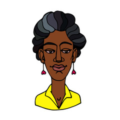 head of an african curly young cute brunette girl in yellow shirt, avatar, color vector illustration with black contour lines isolated on a white background in a hand drawn and cartoon style
