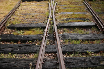 Rusty old well used worn railway tracks on large timber sleepers at an old steam train station, rural Victoria, Australia