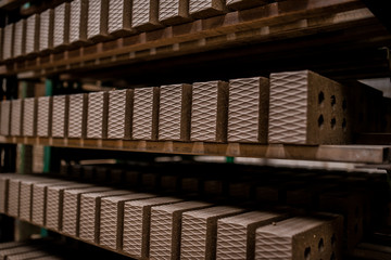 Plant for the production of bricks from clay. Plant for production building material with ready brick, construction industrial. Production of bricks on plant. Workflow, close-up. Many raw bricks