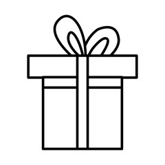 Black and white small simple linear icon of a beautiful holiday New Year's Christmas gift in a beautiful box with ribbons and a bow isolated on a white background. Vector illustration