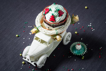close-up photograph of christmas cupcake with unfocused background