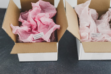 original product vs dupe imitation label inside delivery parcel boxes from online purchaseswith...