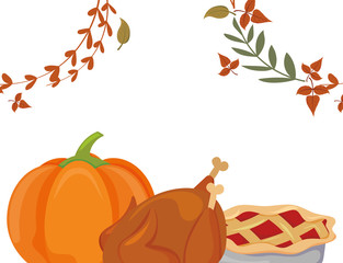 Food and leaves of thanksgiving day vector design
