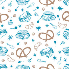 Vector white cakes and pastry seamless background repeat pattern 02. Perfect for fabric, scrapbooking and wallpaper projects.