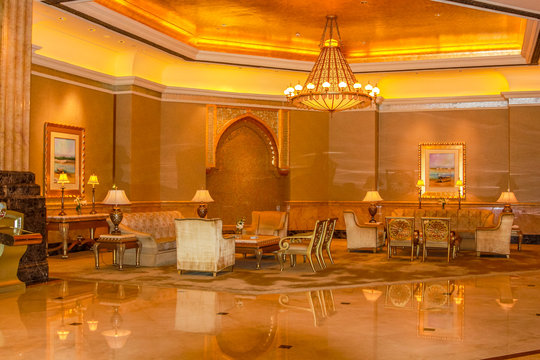 Abu Dhabi, United Arab Emirates - April 21, 2013: Interior Of Emirates Palace, Luxurious Hotel And Landmark Of Abi Dhabi. Decorations With Gold, Marble And Swarovski. Luxury Travel Concept.