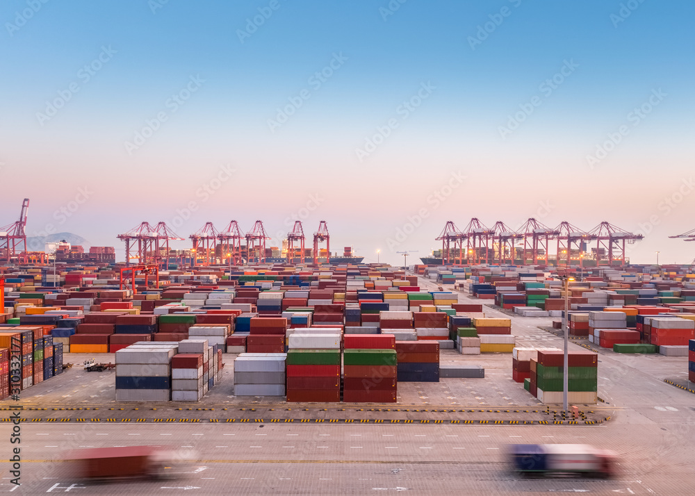 Sticker container port at dusk