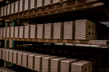 Plant for the production of bricks from clay. Plant for production building material with ready brick, construction industrial. Production of bricks on plant. Workflow, close-up. Many raw bricks