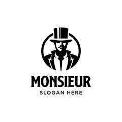 Monsieur logo. Gentleman figure with mustache. Vintage classic retro. Branding for whisky, fashion, barber, beautique, salon, antique stuff, etc. Isolated logo vector inspiration. Graphic designs