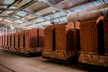 Plant for the production of bricks from clay. Plant for production building material with ready brick, construction industrial. Production of bricks on plant. Workflow, close-up. Many bricks