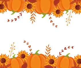 Autumn pumpkins sunflowers and leaves vector design