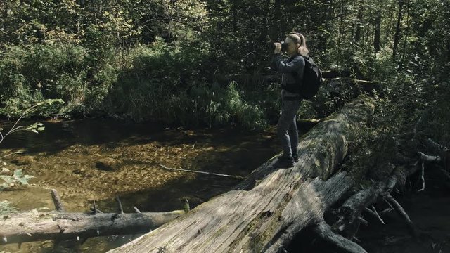 Traveler photographing scenic view in forest river. Wood bridge fallen tree. One caucasian woman shooting nice magic look. Girl take photo video on camera. Photographer travel with backpack. Outdoor.