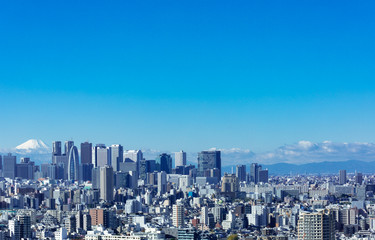 (東京都-風景パノラマ)青空の下の富士山と新宿ビル群６