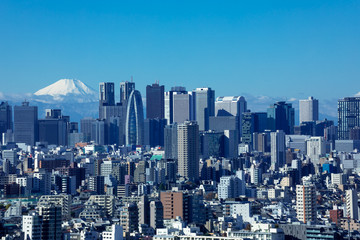 (東京都-都市風景)青空の下の富士山と新宿ビル群８