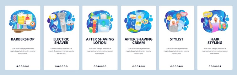 Mobile app onboarding screens. Electric razor, hair beauty salon, barbershop, lotion, cream, stylist. Menu vector banner template for website and mobile development. Web site design flat illustration