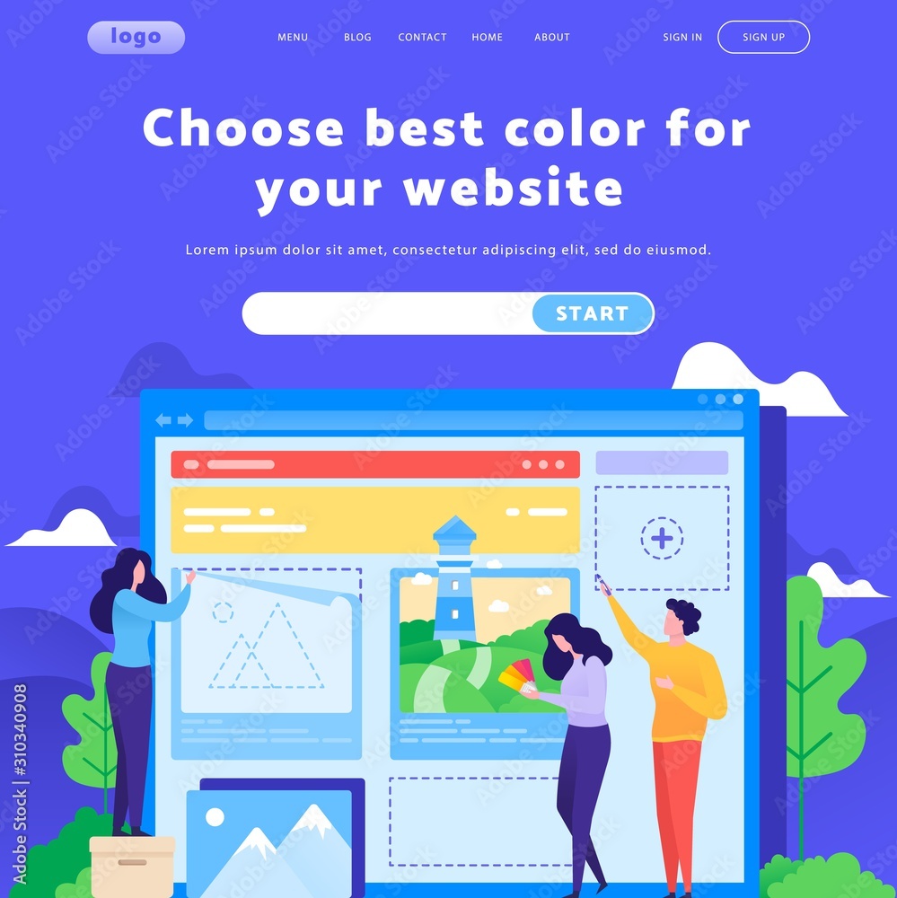 Poster vector web site design template. team choose color for website. landing page concepts for website mo