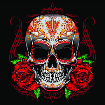 sugarskull vector with roses ornament