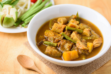 Southern Thai food (Kaeng Tai Pla ), fish organs sour soup eating with vegetables