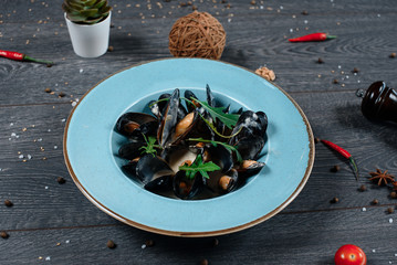 dish of mussels close up food for restaurant menu