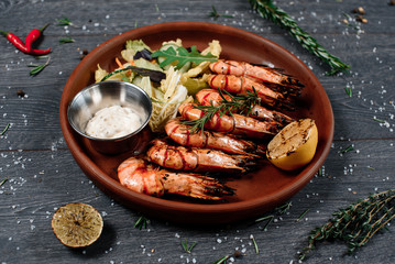 grilled salmon red fish and shrimp set close up food for restaurant menu