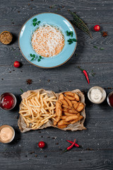 fast food french fries and baked potatoeы set close up food for restaurant menu