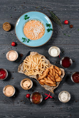 fast food french fries and baked potatoeы set close up food for restaurant menu