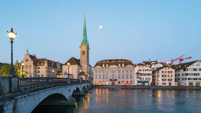 Fraumunster church night to day time lapse in Zurich, Switzerland