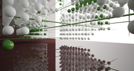 Abstract brown  interior from array white and green spheres with window. 3D illustration and rendering.