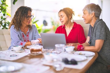 Meeting of middle age women having lunch and drinking coffee. Mature friends smiling happy using laptop at home on a sunny day