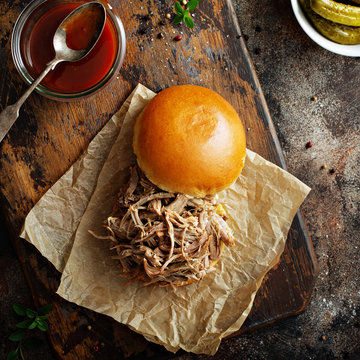 Pulled Pork Sandwich With Brioche Buns And Pickles Overhead View