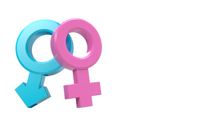 3D rendering images of male and female sex symbols that are equal or live together. Focus on Blue and Pink Color.