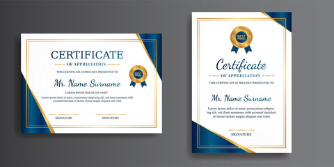 Premium certificate of achievement template, gold and blue color, clean modern design with gold badge - obrazy, fototapety, plakaty