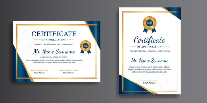 Premium certificate of achievement template, gold and blue color, clean modern design with gold badge