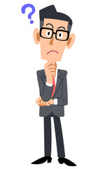 疑問を持つ眼鏡をかけたビジネスマンの全身