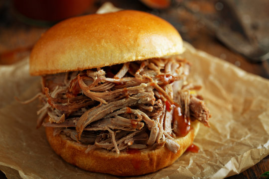 Pulled pork sandwich with brioche buns and pickles