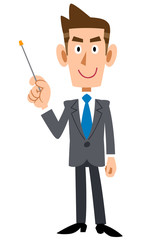 解説する若いビジネスマンの全身