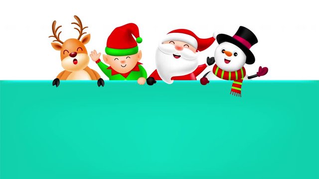 Cute cartoon Christmas character holding blank advertisement banner background with copy space. Santa Claus, Snowman, Reindeer and little elf. Christmas theme concept. Animation.