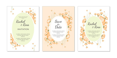 Set of card with pink and orange flowers. Wedding invite, invitation. Vector decorative greeting card or invitation design template set. Pastel, crayon colours.